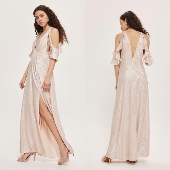Topshop Blush Foil Cold Shoulder Slit Maxi Dress - Picture 1 of 8